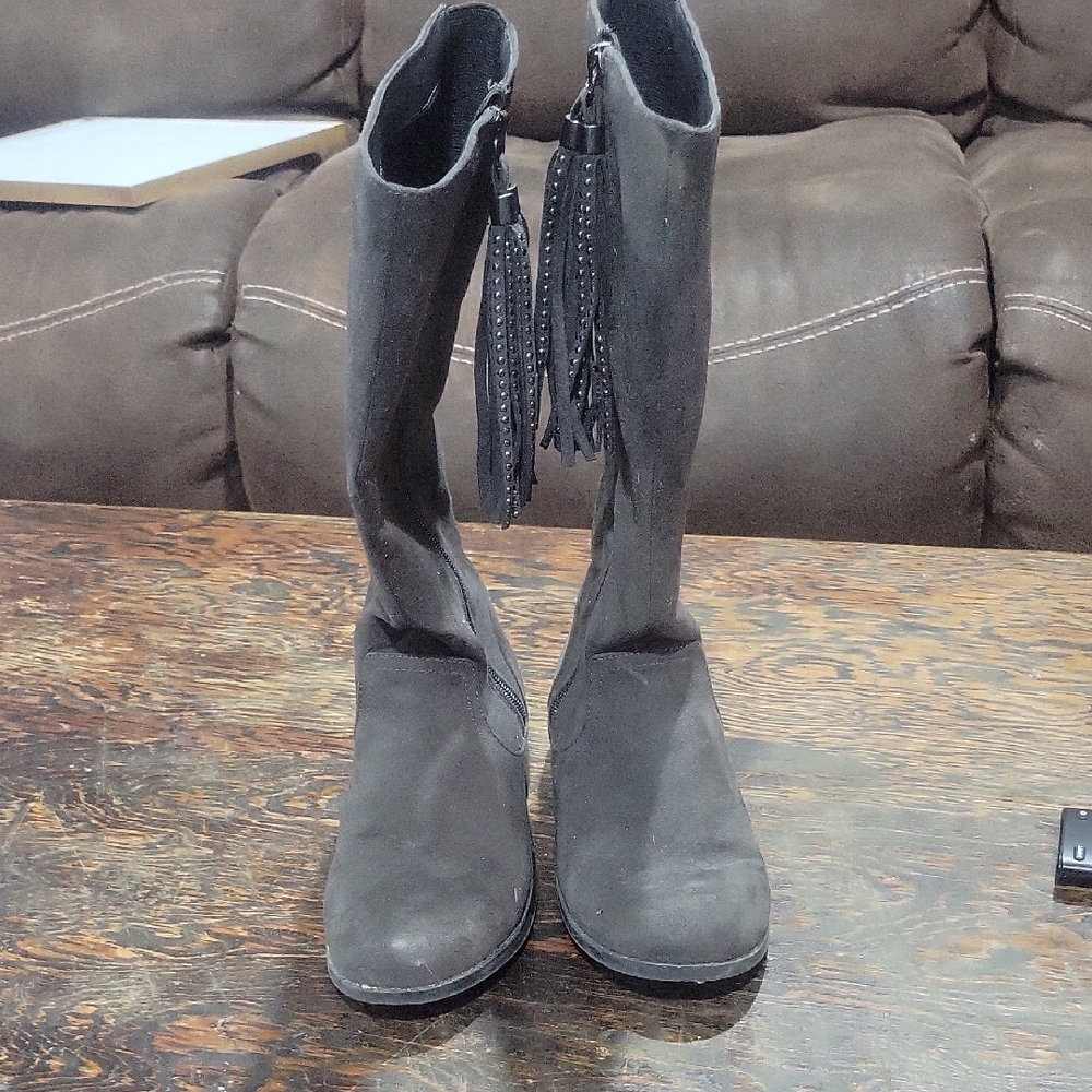 Kids Black Suede Knee-High Boots
